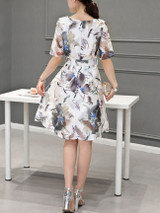 Charming Round Neck Bowknot Printed Skater Dress