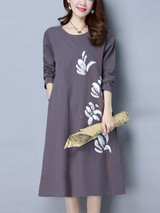 Casual Loose Round Neck Pocket Printed Shift Dress Casual Loose Round Neck Pocket Printed Shift Dress