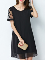 Casual Round Neck Hollow Out Plain Chiffon Shift Dress