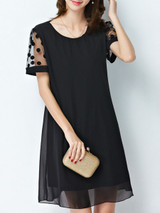Casual Round Neck Hollow Out Plain Chiffon Shift Dress