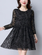 Casual Round Neck Hollow Out Plain Shift Dress