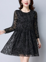 Casual Round Neck Hollow Out Plain Shift Dress