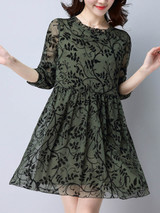Casual Round Neck Hollow Out Plain Shift Dress