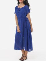 Casual Plain Bowknot Short Sleeve Elegant Round Neck Maxi Dress