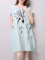 Casual Round Neck Slit Pocket Printed Sack Shift Dress Casual Round Neck Slit Pocket Printed Sack Shift Dress