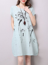 Casual Round Neck Slit Pocket Printed Sack Shift Dress Casual Round Neck Slit Pocket Printed Sack Shift Dress