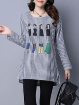 Casual Cartoon Vertical Striped Cotton Shift Dress