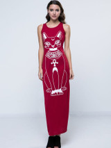 Cat Printed Trendy Round Neck Maxi-Dre