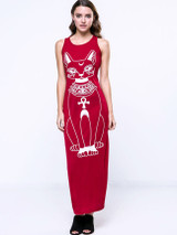 Cat Printed Trendy Round Neck Maxi-Dre