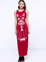 Cat Printed Trendy Round Neck Maxi-Dre