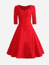 Casual Sweet Heart Cuffed Sleeve Pleated Bodice Plain Skater Dress