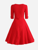 Casual Sweet Heart Cuffed Sleeve Pleated Bodice Plain Skater Dress