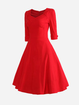 Casual Sweet Heart Cuffed Sleeve Pleated Bodice Plain Skater Dress