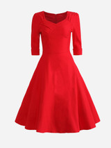 Casual Sweet Heart Cuffed Sleeve Pleated Bodice Plain Skater Dress