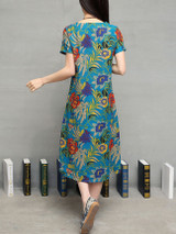 Casual Round Neck Patch Pocket Floral Printed Maxi Dress