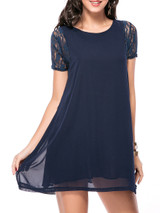 Casual Patchwork Hollow Out Plain Chiffon Mini Shift Dress