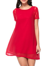 Casual Patchwork Hollow Out Plain Chiffon Mini Shift Dress