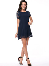 Casual Patchwork Hollow Out Plain Chiffon Mini Shift Dress