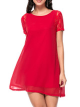 Casual Patchwork Hollow Out Plain Chiffon Mini Shift Dress