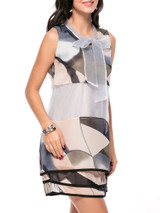 Casual Tie Collar Bowknot Color Block Layered Shift Dress