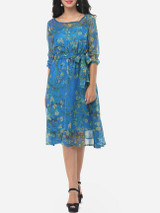 Casual Floral Printed Bowknot Captivating Round Neck Skater-dress