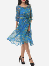 Casual Floral Printed Bowknot Captivating Round Neck Skater-dress