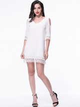 Casual Chic Solid Open Shoulder Patchwork Chiffon Shift Dress