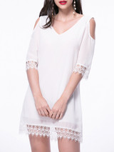 Casual Chic Solid Open Shoulder Patchwork Chiffon Shift Dress
