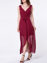 Casual Surplice Asymmetrical Hems Removable Tie Plain Shift Dress