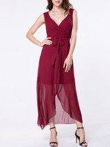 Casual Surplice Asymmetrical Hems Removable Tie Plain Shift Dress