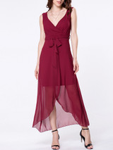 Casual Surplice Asymmetrical Hems Removable Tie Plain Shift Dress
