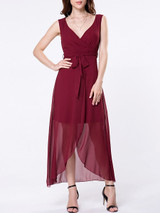 Casual Surplice Asymmetrical Hems Removable Tie Plain Shift Dress