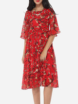 Casual Floral Printed Round Neck Maxi Half Sleeve Dress