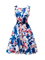 Casual Round Neck Floral And Leaf Printed Cotton Skater Dress
