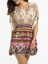 Casual Batwing Round Neck Dacron Printed Shift Dress