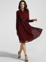 Casual Band Collar Hollow Out Plain Belt Skater Dress