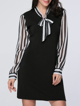 Casual Tie Collar Awesome Vertical Striped Shift Dress