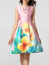 Casual Lovely Boat Neck Floral Printed Skater Dress