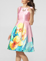 Casual Lovely Boat Neck Floral Printed Skater Dress