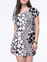 Casual Black White Polka Dot Round Neck Shift Dress