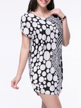 Casual Black White Polka Dot Round Neck Shift Dress