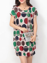 Casual Color Block Polka Dot Round Neck Shift Dress
