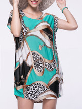Casual Loose Printed Mini Round Neck Shift Dress