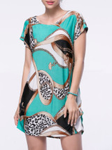 Casual Loose Printed Mini Round Neck Shift Dress