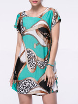 Casual Loose Printed Mini Round Neck Shift Dress