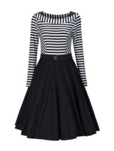 Casual Round Neck Striped Skater Dress
