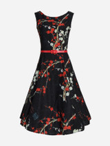 Casual Round Neck Belt Floral Printed Skater Dress