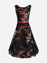 Casual Round Neck Belt Floral Printed Skater Dress