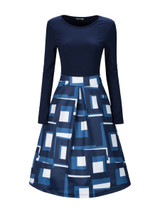 Casual Round Neck Geometric Printed Skater Dress