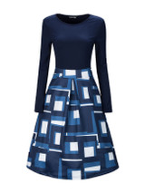 Casual Round Neck Geometric Printed Skater Dress